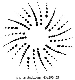 Twist, spiral shape with circles. Rotating dotted element. Abstract grayscale, black and white (monochrome) circular graphics