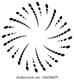 Twist, spiral shape with circles. Rotating dotted element. Abstract grayscale, black and white (monochrome) circular graphics