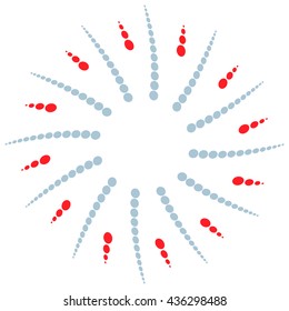 Twist, spiral shape with circles. Rotating dotted element. Abstract circular graphics. Red, blue/gray in colors.