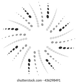 Twist, spiral shape with circles. Rotating dotted element. Abstract grayscale, black and white (monochrome) circular graphics