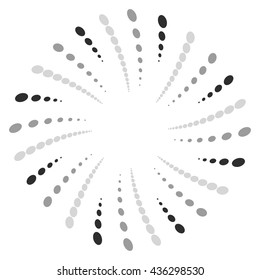 Twist, spiral shape with circles. Rotating dotted element. Abstract grayscale, black and white (monochrome) circular graphics