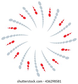 Twist, spiral shape with circles. Rotating dotted element. Abstract circular graphics. Red, blue/gray in colors.