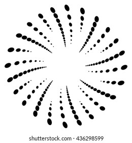 Twist, spiral shape with circles. Rotating dotted element. Abstract grayscale, black and white (monochrome) circular graphics
