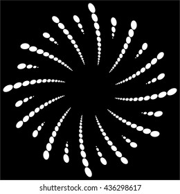 Twist, spiral shape with circles. Rotating dotted element. Abstract grayscale, black and white (monochrome) circular graphics