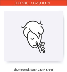 Twist a swab inside nostril line icon. Coronavirus home testing tutorial. Covid19 nasal swab kit. DNA sample. Flu, covid diagnostics equipment. Isolated vector illustration. Editable stroke 