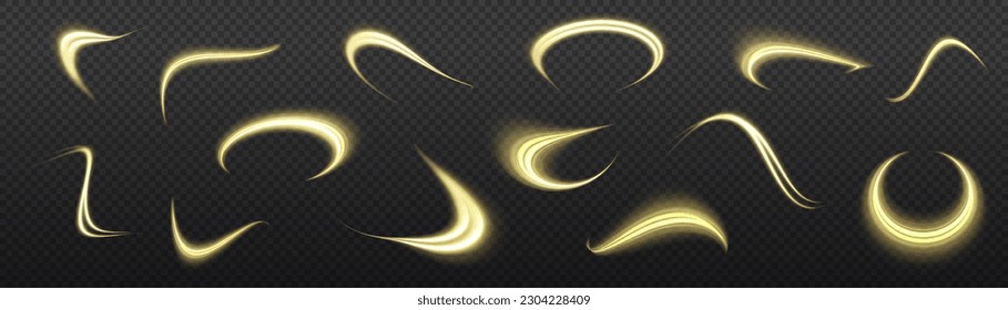 Twist yellow line. Abstract light speed motion effect, golden light trail. Golden glowing shiny spiral lines effect. Shiny wavy trail. Curved yellow line light. Vector Illustration