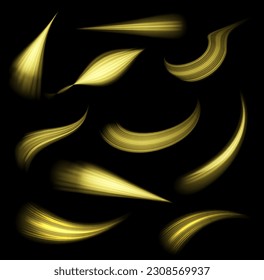 Twist yellow line. Abstract light speed motion effect, golden light trail. Golden glowing shiny spiral lines effect. Shiny wavy trail. Curved yellow line light. Vector Illustration