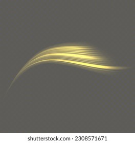 Twist yellow line. Abstract light speed motion effect, golden light trail. Golden glowing shiny spiral lines effect. Shiny wavy trail. Curved yellow line light. Vector Illustration