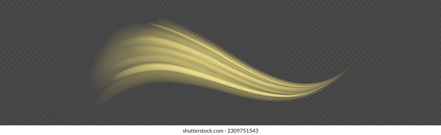 Twist yellow line. Abstract light speed motion effect, golden light trail. Golden glowing shiny spiral lines effect. Shiny wavy trail. Curved yellow line light. Vector Illustration