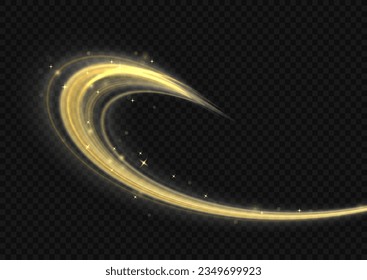 Twist yellow line. Abstract light speed motion effect, golden light trail. Golden glowing shiny spiral lines effect. Shiny wavy trail. Curved yellow line light. Vector Illustration