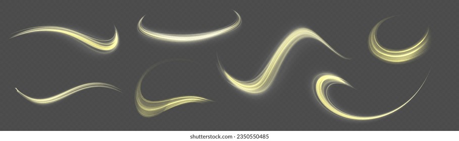 Twist yellow line. Abstract light speed motion effect, golden light trail. Golden glowing shiny spiral lines effect. Shiny wavy trail. Curved yellow line light. Vector Illustration