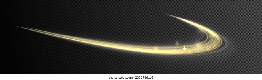 Twist yellow line. Abstract light speed motion effect, golden light trail. Golden glowing shiny spiral lines effect. Shiny wavy trail. Curved yellow line light. Vector Illustration