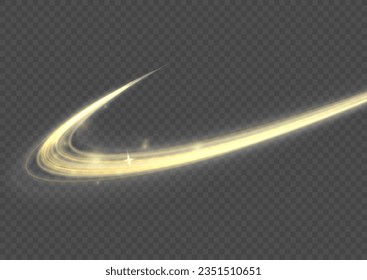 Twist yellow line. Abstract light speed motion effect, golden light trail. Golden glowing shiny spiral lines effect. Shiny wavy trail. Curved yellow line light. Vector Illustration