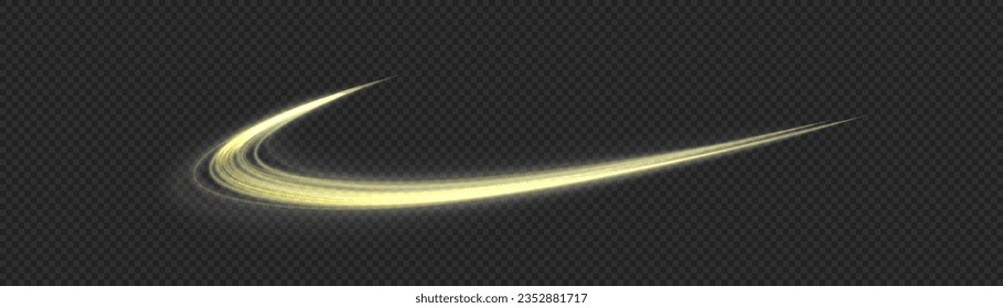 Twist yellow line. Abstract light speed motion effect, golden light trail. Golden glowing shiny spiral lines effect. Shiny wavy trail. Curved yellow line light. Vector Illustration