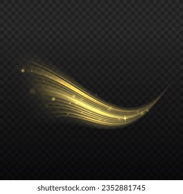 Twist yellow line. Abstract light speed motion effect, golden light trail. Golden glowing shiny spiral lines effect. Shiny wavy trail. Curved yellow line light. Vector Illustration