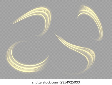 Twist yellow line. Abstract light speed motion effect, golden light trail. Golden glowing shiny spiral lines effect. Shiny wavy trail. Curved yellow line light. Vector Illustration