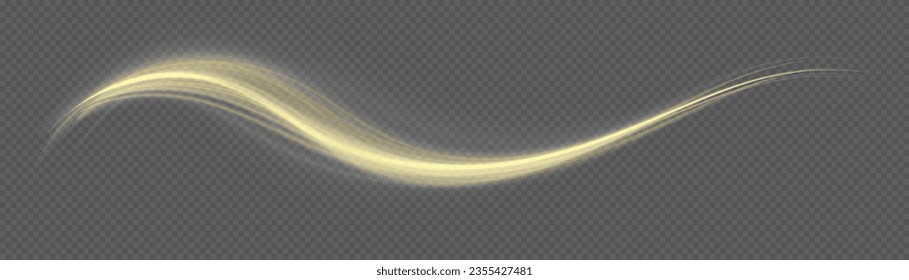 Twist yellow line. Abstract light speed motion effect, golden light trail. Golden glowing shiny spiral lines effect. Shiny wavy trail. Curved yellow line light. Vector Illustration