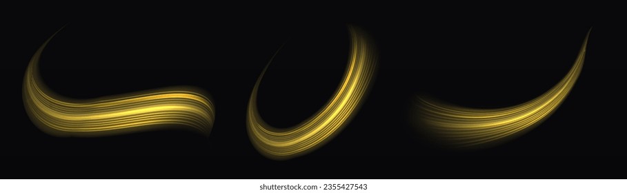Twist yellow line. Abstract light speed motion effect, golden light trail. Golden glowing shiny spiral lines effect. Shiny wavy trail. Curved yellow line light. Vector Illustration