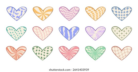 Twisted aesthetic Y2k heart set. Trendy distorted grunge shapes in blue, violet, green, pink and orange colors. Trippy vector psychedelic love forms in retro style