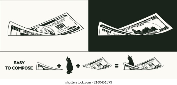 Twisted american 100 dollar bill with front and reverse side. Falling, flying banknote. Cash money. Divided into two parts to design easy. Detailed black and white monochrome vector illustration