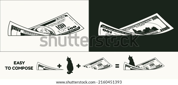 Twisted american 100 dollar bill with front\
and reverse side. Falling, flying banknote. Cash money. Divided\
into two parts to design easy. Detailed black and white monochrome\
vector illustration