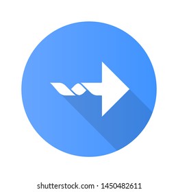 Twisted arrow flat design long shadow glyph icon. Navigation pointer sign. Direction move. Pointing cursor. Arrowhead indicating rightward. Pointer, indicator. Next. Vector silhouette illustration
