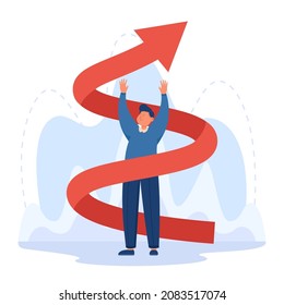 Twisted arrow going up around cartoon office worker. Increase of knowledge in career or education flat vector illustration. Motivation, development concept for banner, website design or landing page