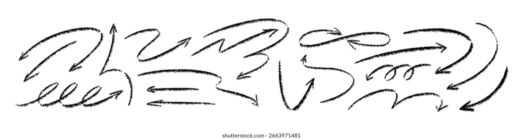 Twisted arrow icon with dynamic curves and hand-drawn doodle style. Flat vector illustration isolated on white background.