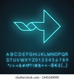 Twisted arrow neon light icon. Navigation pointer. Arrowhead indicating rightward. Pointer, indicator. Motion, next. Glowing sign with alphabet, numbers and symbols. Vector isolated illustration