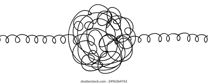 Twisted ball of doodle. Sketch. On the sides of the tangled ball are spring threads. Vector illustration. Careless lines drawn with black pen. Hand drawn circle with the beginning and the end. 