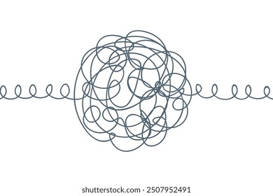 Twisted ball of doodle. Sketch. On the sides of the tangled ball are spring threads. Vector illustration. Careless lines drawn in green pen. Hand drawn circle with the beginning and the end. 