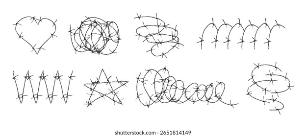 Twisted barbed wire doodle set retro photocopy stipple effect. Vector illustration for poster,cover album design, t-shirt, sweatshirt print, on transparent.