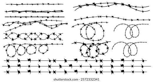 Twisted Barbed wire and fence set in line, round and square shapes. Steel black wire twists and spikes silhouette vector. Concept of protection, danger or security.