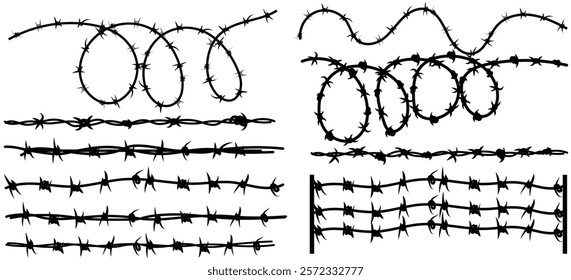 Twisted Barbed wire and fence set in line, round and square shapes. Steel black wire twists and spikes silhouette vector. Concept of protection, danger or security.