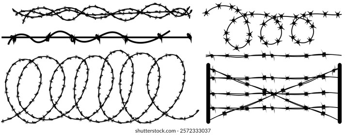 Twisted Barbed wire and fence set in line, round and square shapes. Steel black wire twists and spikes silhouette vector. Concept of protection, danger or security.