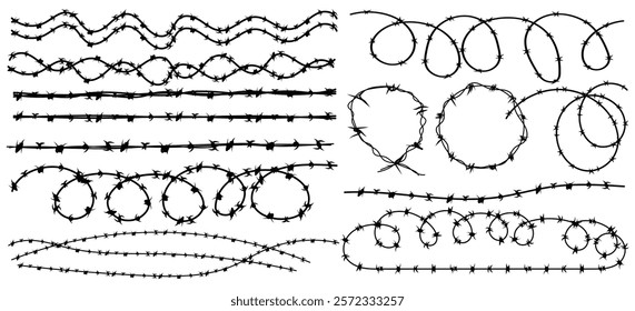 Twisted Barbed wire and fence set in line, round and square shapes. Steel black wire twists and spikes silhouette vector. Concept of protection, danger or security.