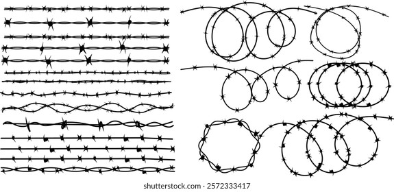 Twisted Barbed wire and fence set in line, round and square shapes. Steel black wire twists and spikes silhouette vector. Concept of protection, danger or security.