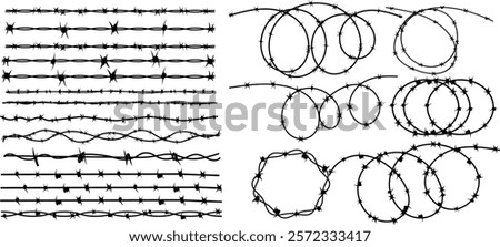 Twisted Barbed wire and fence set in line, round and square shapes. Steel black wire twists and spikes silhouette vector. Concept of protection, danger or security.