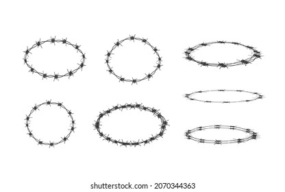 Twisted Barbed wire frames round vector illustration set. Barbed wire in round shape vector concept.