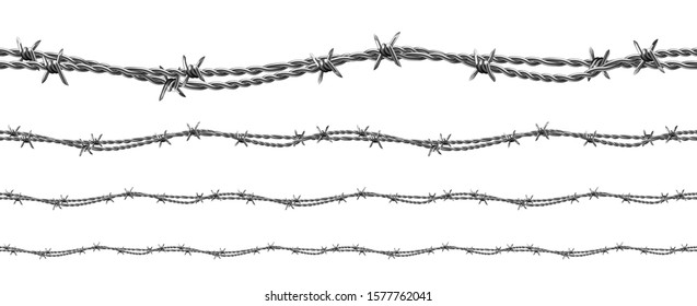 Twisted Barbed Wire Seamless Pattern Set Vector. Collection Of Modern Flexible Metal Wire. Industrial Cord With Spikes For Security And Safety Forbidden Areas Layout Realistic 3d Illustrations