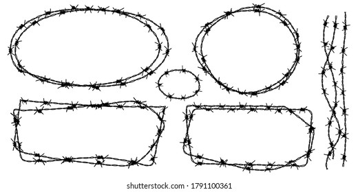 Twisted barbed wire silhouettes set in rounded and square shapes. Vector illustration of steel black wire barb fence frames. Concept of protection, danger or security