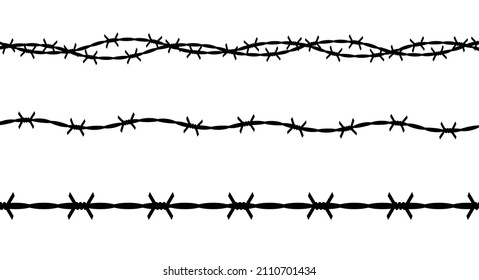 Twisted barbed wire silhouettes set. Straight and wavy curved military border for secured territory. Flat vector illustration isolated on white background.