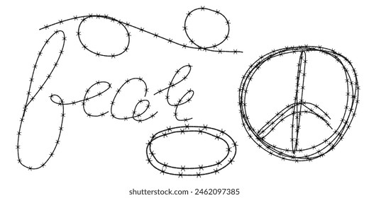 Twisted barbed wire silhouettes set in rounded and square shapes. Vector illustration of steel black wire barb fence frames. Concept of protection, danger or security