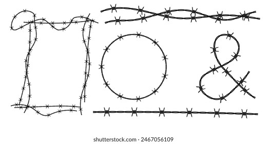 Twisted barbed wire silhouettes set in rounded and square shapes. Vector illustration of steel black wire barb fence frames. Concept of protection, danger or security