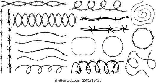 Twisted barbed wire silhouettes set in rounded and square shapes. Vector illustration of steel black wire barb fence frames. Concept of protection, danger or security