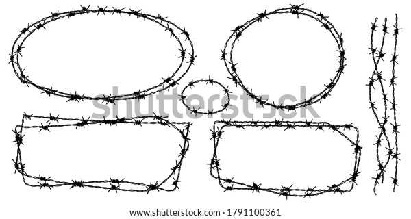 Twisted barbed wire\
silhouettes set in rounded and square shapes. Vector illustration\
of steel black wire barb fence frames. Concept of protection,\
danger or security