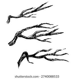 Twisted Bare Tree Branches Black Ink Illustration Isolated on White. Gnarled Dead Tree Silhouette Hand Drawn Ink Sketch. Creepy Bare Tree Branch Silhouette Minimal Ink Artwork