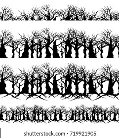 twisted bare trees and branches - creepy black silhouettes seamless vector border set