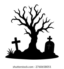 A twisted barren tree stands between two gravestones, evoking a haunting graveyard scene with eerie silence and somber atmosphere.