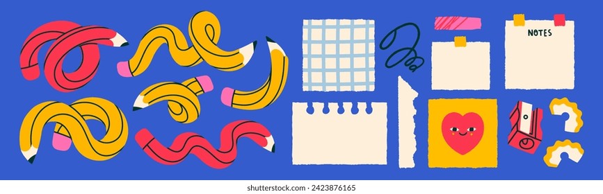 Twisted, bended, curved pencils, sharpener, blank paper, sticky note. Reminder, office, planner concept. Hand drawn Vector illustration. Cartoon style. Isolated elements. Design templates